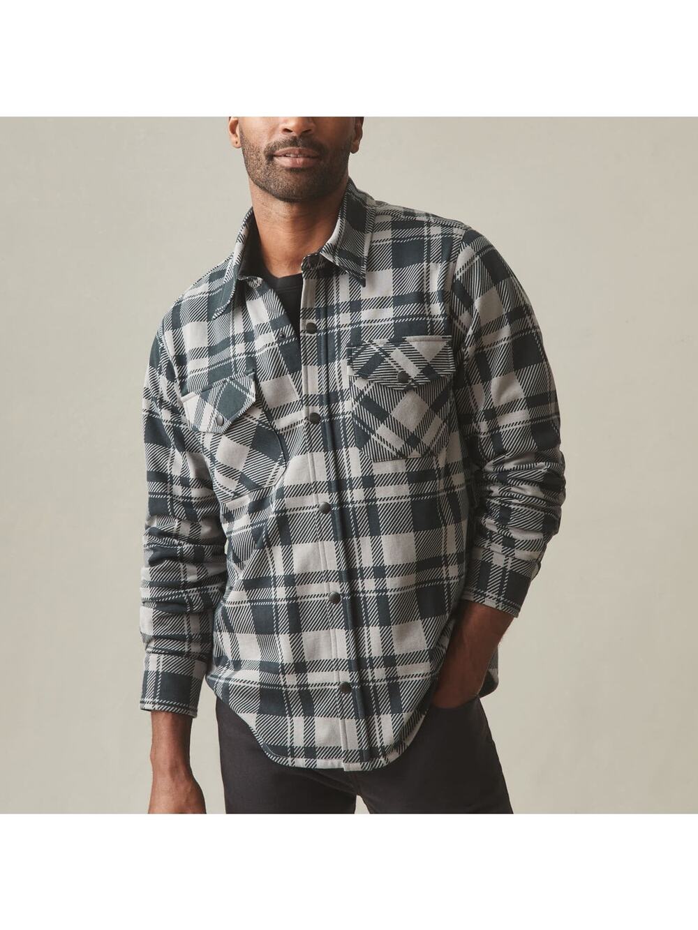 American Giant Redwood Fleece Overshirt Shacket Silent Storm Plaid Men's Lg NWOT